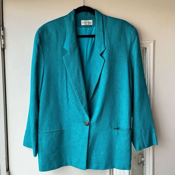 Vintage Gianni Sport Bright Teal Textured Blazer Jacket USA Made Size 14 - Picture 9 of 10